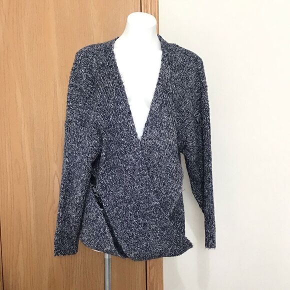 Wildfox Drew Oversize Herringbone Open V Chunky Sweater Blue White Size Small - Picture 6 of 13